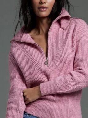 White House Black Market Classic Pink Half-Zip Ribbed Sweater